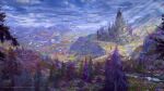  absurdres city cloud cloudy_sky commentary day english_commentary fantasy forest highres landscape light_rays mountain nature no_humans original outdoors pine_tree ryan_christian scenery simple_bird sky stream sunbeam sunlight tower tree valley 