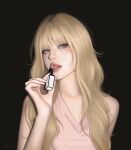  1girl absurdres applying_lipstick applying_makeup art_study artist_name bare_arms black_background blonde_hair blue_eyes cosmetics eyelashes fingernails freckles highres holding holding_lipstick_tube lips lipstick_tube long_fingernails long_hair looking_at_viewer nail_polish nose original parted_lips simple_background solo upper_body white_nails wind_fy 
