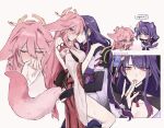  2girls after_fingering animal_ears blush bridal_gauntlets closed_eyes commentary detached_sleeves dog_ears dog_girl dog_tail dress earrings english_text fox_ears fox_girl fox_tail genshin_impact highres japanese_clothes jewelry kemonomimi_mode kimono long_hair multiple_girls nonons pink_eyes pink_hair purple_eyes purple_hair purple_kimono pussy_juice pussy_juice_on_fingers raiden_shogun smile speech_bubble tail tongue tongue_out white_dress yae_miko yuri 