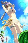  >_< 1boy 2girls absurdres alternate_costume alternate_hairstyle arms_behind_head arms_up barefoot baseball_bat bikini black_male_swimwear blue_bikini blue_sky bow breasts brown_hair closed_eyes commentary_request dan_heng_(honkai:_star_rail) day eyewear_on_head floating_hair food foot_out_of_frame from_below fruit grey_hair hair_floating_upwards hand_on_own_head hawaiian_shirt heart heart-shaped_eyewear highres holding holding_baseball_bat honkai:_star_rail honkai_(series) imminent_attack long_hair male_swimwear march_7th_(honkai:_star_rail) medium_breasts multiple_girls navel nervous_sweating open_mouth outdoors pink_hair ponytail purple-tinted_eyewear sarong shirt short_hair sky standing standing_on_one_leg stelle_(honkai:_star_rail) suikawari sweat swim_trunks swimsuit thigh_strap tinted_eyewear toiu_1 trailblazer_(honkai:_star_rail) trembling watermelon white_bikini white_sarong yellow_bow yellow_eyes 
