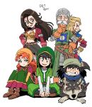  2girls 4boys aira_(dq7) armor beard belt bikini_armor black_hair black_skirt boots breasts brown_belt brown_boots brown_eyes brown_hair bustier cleavage closed_mouth coat collar copyright_name cropped_jacket dede_(qwea_00000) dragon_quest dragon_quest_vii dragon_quest_vii_reimagined dress earrings facial_hair gabo gloves green_eyes green_hat green_tunic grey_hair grey_headscarf grin hand_on_own_head hand_on_own_hip hat headscarf helmet hero_(dq7) highres hoop_earrings jacket jewelry kiefer korean_text long_hair long_sleeves maribel_(dq7) medium_breasts metal_collar missing_tooth multiple_boys multiple_girls mustache navel old old_man one_eye_closed open_clothes open_jacket open_mouth orange_gloves orange_hair orange_headscarf pink_dress pink_gloves red_coat red_jacket shirt short_hair simple_background sir_mervyn sitting skirt smile standing sword sword_on_back teeth thigh_boots tunic weapon weapon_on_back white_background white_shirt wolf 