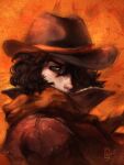  1girl absurdres blue_eyes brown_hair brown_hat brown_jacket commission cowboy_hat cowgirl_(western) deadlock_(game) fur-trimmed_jacket fur_trim gloves hat highres holliday_(deadlock) jacket kousomii looking_at_viewer orange_background orange_scarf popped_collar portrait red_jacket scarf short_hair solo 
