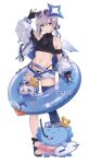  1girl amane_kanata angel_wings belt bikini black_gloves blue_belt blue_hair blue_jacket blue_thighhighs breasts colored_inner_hair commentary_request eyewear_on_head feathered_wings frilled_bikini frills full_body gloves gradient-tinted_eyewear gradient_wings grey_hair hair_rings halo hand_up highleg highleg_bikini highres hololive innertube jacket jacket_partially_removed jewelry kaguya_(srx61800) long_hair looking_at_viewer mini_wings multicolored_hair multicolored_jacket multicolored_wings navel necklace open_fly open_mouth partially_fingerless_gloves pink_streaks purple-tinted_eyewear purple_eyes round_eyewear sandals short_shorts shorts side-tie_bikini_bottom simple_background single_hair_intake single_thighhigh small_breasts solo standing star_(symbol) star_halo star_necklace stomach streaked_hair sunglasses swim_ring swimsuit thighhighs tilted_halo tinted_eyewear toes twintails two-tone_jacket upao_(amane_kanata) virtual_youtuber white_background white_jacket white_shorts white_wings wings 