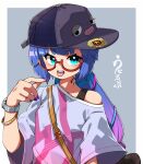  1girl absurdres baseball_cap black_hat blue_hair blue_nails blunt_bangs border bracelet commentary_request datemegane glasses gradient_clothes gradient_hair gradient_shirt grey_background grey_shirt hand_up hat highres jewelry long_hair looking_at_viewer multicolored_hair multicolored_nails nail_polish open_mouth otomachi_una outside_border pink_nails pink_shirt purple_hair purple_nails red-framed_eyewear round_eyewear semi-rimless_eyewear shirt short_sleeves sidelocks simple_background single_bare_shoulder solo teeth tongue tongue_out twintails under-rim_eyewear upper_body upper_teeth_only vocaloid watch white_border wide_sleeves wristwatch 