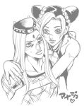  1boy 1girl arm_tattoo birthmark braid braided_base bun_with_braided_base commentary_request double_bun fishnet_top fishnets greyscale hair_bun horned_hat hug hug_from_behind joestar_birthmark jojo_no_kimyou_na_bouken kid_(kidocchi) kujo_jolyne monochrome multicolored_hair narciso_anasui sketch tattoo two-tone_hair 