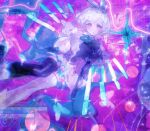  1girl arcaea asymmetrical_legwear asymmetrical_sleeves ayu_(arcaea) bare_shoulders black_thighhighs bow bowtie commentary detached_sleeves dress furisode green_bow green_bowtie hair_bow japanese_clothes kimono kimono_dress long_sleeves looking_at_viewer purple_background qier-mope saliva short_hair sleeveless sleeveless_dress sleeveless_kimono sleeves_past_fingers sleeves_past_wrists solo thighhighs white_hair white_thighhighs wide_sleeves yellow_eyes 
