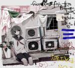  >3< 1girl against_wall air_conditioner black_eyes border clothes_hanger commentary curtains electric_panel english_text floral_print graffiti grey_hair heart highres laundry moss neckerchief original plant potted_plant red_neckerchief sailor_collar short_hair shorts sitting solo tank_top vap_(domain) white_border white_sailor_collar white_tank_top window 