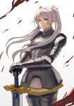  1girl absurdres armor ashen_illust blue_eyes closed_mouth commentary_request elf frieren gauntlets greaves grey_hair hair_between_eyes highres holding holding_sword holding_weapon integrity_knight_armor knight long_hair looking_at_viewer pauldrons plate_armor pointy_ears short_hair shoulder_armor solo sousou_no_frieren sword weapon white_hair 