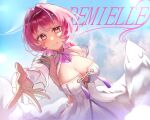  1girl antzz bare_shoulders blue_sky breasts character_name cleavage cloud commentary detached_sleeves dress feathered_wings highres large_breasts looking_at_viewer medium_hair outstretched_arm pink_hair purple_eyes reaching reaching_towards_viewer remielle_dan sky smile solo white_dress white_wings wings zenless_zone_zero 