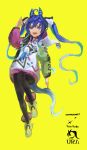  1girl @_@ absurdres ahoge animal_ears animal_hood black_bodysuit blue_eyes blue_hair blush bodysuit boots coat commentary_request crossed_bangs drawstring heterochromia highres hood hooded_coat hoodie horse_ears horse_girl horse_tail long_hair long_sleeves multicolored_coat multicolored_hair multicolored_hoodie nao_toyooooo open_mouth purple_eyes rabbit_hood running sharp_teeth simple_background smile solo stuffed_animal stuffed_rabbit stuffed_toy tail teeth twin_turbo_(blast_mode!_turbo_engine)_(umamusume) twin_turbo_(umamusume) twintails umamusume yellow_boots 