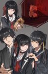  1boy 2girls absurdres black_choker black_hair black_jacket black_sailor_collar black_shirt chisa_(wuthering_waves) choker closed_mouth cosplay dated dual_persona female_rover_(wuthering_waves) hair_ribbon hand_on_another's_shoulder highres jacket long_hair looking_at_another male_rover_(wuthering_waves) multiple_girls multiple_views namipon_(wuthering_waves) neckerchief red_eyes red_neckerchief red_ribbon ribbon rover_(wuthering_waves) sailor_collar shimizu_hinako shimizu_hinako_(cosplay) shirt silent_hill_(series) silent_hill_f smirk tacet_mark_(wuthering_waves) tsuneki_kotoyuki tsuneki_kotoyuki_(cosplay) variant_set white_sailor_collar wuji_dun_guiyuan wuthering_waves yellow_eyes yellow_ribbon 