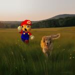  1boy absurdres animal arm_up blue_eyes blue_overalls brown_shoes buttons dog facial_hair field flower forest gloves golden_retriever grass highres long_sleeves looking_at_another male_focus mario mario_(series) mountainous_horizon mustache nature noubodying outdoors overalls plant red_shirt running shirt shoes short_hair sideburns sky super_mario_64 tree very_short_hair white_gloves yellow_flower 