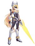  1girl absurdres alternate_color armor armored_boots assault_visor biometal blonde_hair blue_eyes body_armor bodysuit boots breasts chest_jewel commission commissioner_upload covered_abs covered_navel crossed_belts cynthia_(mega_man_zx_zeta) elbow_gloves energy_gun energy_sword forehead_jewel full_body gauntlets gloves helmet high_heel_boots high_heels highres holster knee_armor knee_boots long_hair long_sidelocks looking_at_viewer medium_breasts mega_man_(series) mega_man_zx model_z_(mega_man) non-web_source ponytail redesign shoulder_armor sidelocks solo sword thigh_holster thighs transparent_background uta_guipiy weapon 
