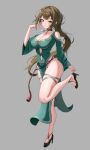  1girl absurdres bare_legs black_choker black_shoes breasts brown_hair choker cleavage closed_mouth clothing_cutout commentary cutout_above_navel dress full_body green_dress green_eyes grey_background hand_up high_heels highres korean_commentary large_breasts leg_up long_hair long_sleeves looking_at_viewer navel navel_cutout no_panties original pelvic_curtain ponytail shoes shoulder_cutout sidelocks skindentation smile solo standing standing_on_one_leg thick_thighs thigh_strap thighs very_long_hair wide_sleeves zzirit6 
