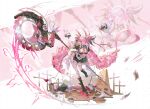  1girl absurdres between_breasts blood boots breasts bucket chainsaw circular_saw cleaning_brush cleavage_cutout clothing_cutout double_bun drill_hair floating_hair groin gugong_5 hair_bun highres holding holding_polearm holding_weapon huge_weapon knife long_sleeves looking_at_viewer maid maid_headdress open_mouth original photo_(object) pink_eyes pink_hair pink_theme polearm puffy_sleeves saw severed_hand side_slit sidelocks smile solo standing standing_on_one_leg strap_between_breasts thighhighs twin_drills unconventional_maid weapon white_background wooden_floor zoom_layer 