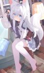 1girl :3 absurdres ahoge animal_ear_fluff animal_ears bandaged_arm bandages black_capelet black_gloves black_skirt blush book bookshelf capelet chair chinese_commentary clenched_hand closed_mouth commentary_request couch crossed_bangs double-parted_bangs fang fang_out fingerless_gloves fox_ears fox_girl fox_tail frilled_skirt frills full_body gloves hair_between_eyes hair_intakes hand_up highres indoors lamp long_hair long_sleeves looking_at_viewer ningmeng_jing_jing_jing_jing no_shoes on_chair original pillow plaid_pillow pleated_skirt shirt sitting skirt smile solo tail thighhighs white_hair white_shirt white_thighhighs zettai_ryouiki 