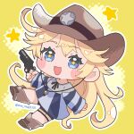  1girl black_shorts blonde_hair blue_eyes boots brown_hat chibi commentary_request cowboy_boots cowboy_hat cowgirl_(western) gun hat hat_string highres holding holding_toy_gun iowa_(kancolle) iowa_(setsubun)_(kancolle) kantai_collection long_hair looking_at_viewer official_alternate_costume shiomugi_(shio_mugi1107) shirt shorts smile solo star-shaped_pupils star_(symbol) striped_clothes striped_shirt symbol-shaped_pupils toy_gun twitter_username weapon yellow_background 