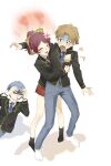  1girl 2boys :d ^_^ absurdres anger_vein ankle_socks baka_to_test_to_shoukanjuu black_jacket black_socks blood blue_hair blue_necktie blue_pants blush brown_hair camera closed_eyes collared_shirt commentary_request constricted_pupils facing_another false_smile gloom_(expression) gold_trim hair_ribbon hands_up highres holding holding_camera hug hug_from_behind jacket kurono_nya long_sleeves looking_at_another miniskirt multiple_boys necktie no_shoes nosebleed open_mouth pants pleated_skirt ponytail red_hair red_necktie red_skirt ribbon shimada_minami shirt short_hair short_ponytail simple_background skirt smile socks standing tsuchiya_kouta upper_body white_background white_shirt white_socks wide_mouth wing_collar yellow_ribbon yoshii_akihisa 