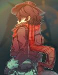  1girl axel_diamondis belt blue_shirt brown_hat brown_jacket cowgirl_(western) deadlock_(game) fur-trimmed_jacket fur-trimmed_sleeves fur_trim gloves hand_on_own_hip hat highres holliday_(deadlock) jacket long_sleeves pants plaid_clothes plaid_scarf popped_collar pouch scarf shirt short_hair solo 