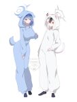  2girls ako_(blue_archive) alternate_costume animal_hood black_hair blue_archive blue_eyes blue_hair breasts cat_hood cat_tail commentary_request dog_hood dog_tail hair_between_eyes halo highres hood hood_up kayoko_(blue_archive) large_breasts long_hair looking_at_viewer multicolored_hair multiple_girls red_eyes simple_background standing tail tanutika two-tone_hair white_background white_hair 