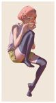  1girl black_thighhighs border brown_background choker commentary cup dotr_art drinking glasses green_shorts gym_shorts highres holding holding_cup invisible_chair leg_up original pink_hair pointy_ears red_eyes round_eyewear shadow shirt short_hair shorts simple_background sitting sleeveless sleeveless_shirt solo steam steaming_cup thighhighs untranslatable_commentary white_border white_shirt yellow_choker 