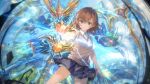  1girl aiming aiming_at_viewer artist_request asymmetrical_bangs blue_sky brown_eyes brown_hair brown_sweater_vest closed_mouth coin collared_shirt crossed_bangs day duel_masters duel_masters_play's electricity electrokinesis game_asset grey_skirt hair_ornament hairclip highres holding holding_coin looking_at_viewer loose_socks medium_hair miniskirt misaka_mikoto outdoors pleated_skirt railgun_(misaka_mikoto) school_emblem school_uniform shirt short_sleeves shorts shorts_under_skirt skirt sky smile socks solo summer_uniform sweater_vest toaru_kagaku_no_railgun toaru_majutsu_no_index tokiwadai_school_uniform v-neck white_shirt white_socks 