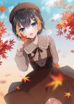  1girl :3 :d absurdres alternate_costume autumn_leaves beret black_hair black_ribbon blonde_streaks blue_eyes blue_sky blurry blurry_foreground brown_dress brown_hair collared_dress commentary_request cowboy_shot day dress dutch_angle fish_hair_ornament frilled_shirt_collar frills grid_print hair_between_eyes hair_ornament hand_up hat highres holding holding_leaf leaf long_sleeves looking_at_viewer maple_leaf multicolored_hair neck_ribbon nijisanji nijisanji_en open_mouth petra_gurin ribbon short_hair sky smile solo streaked_hair thigh_gap two-tone_hair virtual_youtuber wind wind_lift zuwaineko 