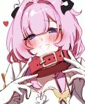  1girl animal_collar blue_eyes blush breasts butterfly_hair_ornament cleavage collar commentary_request elysia_(honkai_impact) elysia_(miss_pink)_(honkai_impact) elysia_(miss_pink_elf)_(honkai_impact) fake_horns gloves hair_intakes hair_ornament highres holding holding_collar honkai_(series) honkai_impact_3rd horns large_breasts long_hair looking_at_viewer maid maid_headdress official_alternate_costume pink_hair satoyukitowa simple_background smile solo upper_body very_long_hair white_background white_gloves 