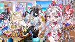  6+girls abby_(wuthering_waves) ahoge alternate_costume aqua_eyes bikini black_bow black_hair black_horns blonde_hair blue_eyes blue_hair blue_sky bow breasts cantarella_(wuthering_waves) carlotta_(wuthering_waves) ciaccona_(wuthering_waves) closed_eyes commentary curled_horns day deformed english_commentary female_rover_(wuthering_waves) food grey_hair hair_bow hair_ornament highres holding holding_food holding_plate horns instrument large_breasts long_hair looking_at_viewer multiple_girls natsume_koji noodles ocean open_mouth pink_bow plate playing_instrument purple_hair ramen rover_(wuthering_waves) sitting sky smile suisui_(wuthering_waves) swimsuit tacet_mark_(wuthering_waves) tree_horns white_bikini wuthering_waves yangyang_(wuthering_waves) yangyang_(xuanling)_(wuthering_waves) zani_(wuthering_waves) 