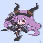  1girl :o arknights bare_shoulders black_horns breasts chibi chibi_only commentary_request fake_horns hair_between_eyes hairband highres horns lapfrence large_breasts long_hair open_mouth original pink_eyes purple_eyes purple_hair shirt simple_background solo tail typhon_(arknights) very_long_hair 