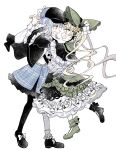  2girls :d asymmetrical_footwear asymmetrical_legwear bird_hat_ornament black_bow black_bowtie black_capelet black_hat black_pantyhose black_shoes blonde_hair blue_hair blue_necktie blue_skirt bonnet bow bowtie braid braided_hair_rings capelet chinstrap collared_shirt commentary_request deerstalker dress flower flower-trimmed_dress flower-trimmed_skirt footwear_bow frilled_capelet frilled_dress frilled_skirt frilled_sleeves frilled_socks frills green_bonnet green_eyes green_shoes hair_flower hair_ornament hair_rings hat hat_bow highres layered_dress layered_skirt lolita_fashion long_hair long_sleeves mahou_shoujo_no_majo_saiban mismatched_footwear multiple_girls necktie open_mouth pantyhose plaid_clothes plaid_skirt shirt shoes short_hair single_leg_pantyhose single_sock skirt smile socks sweatdrop tachibana_sherry tono_hanna tulip twintails two-tone_dress vest watage_modoki white_bow white_flower white_shirt white_socks white_tulip wide_sleeves yellow_eyes yuri 