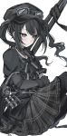  1girl ammunition_pouch arm_belt bandaged_hand bandages black_choker black_coat black_dress black_gloves black_hair black_hat black_pantyhose black_ribbon choker closed_mouth coat collared_dress commentary dress gloves goggles goggles_on_headwear grey_eyes gun hair_ornament hat highres kurobe_nanoka lkdig long_hair mahou_shoujo_no_majo_saiban neck_ribbon pantyhose plaid_clothes plaid_dress pouch ribbon rifle signature simple_background sitting solo twintails untranslatable_commentary weapon white_background 