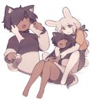  2girls :t animal_ear_fluff animal_ears arms_around_neck bare_legs barefoot between_legs bike_shorts black_bow black_eyes black_hair black_shorts blonde_hair blush bow braid brown_eyes cheek_press closed_mouth couple cropped_torso dark-skinned_female dark_skin disembodied_hand dog_ears dog_girl dog_tail eye_contact eyes_visible_through_hair fluffy_hair flustered full_body furrowed_brow hair_bow hair_over_one_eye hands_on_another's_cheeks hands_on_another's_face head_on_head head_rest hug hug_from_behind iahtruong knees_together_feet_apart knees_up long_hair long_sleeves looking_at_another multicolored_sweater multiple_girls no_nose no_pupils one_eye_covered open_mouth original rabbit_ears rabbit_girl rabbit_tail short_hair short_sleeves shorts simple_background single_braid sitting sitting_between_legs sweat sweater tail thick_eyebrows turtleneck turtleneck_sweater two-tone_sweater upper_body white_background yuri 
