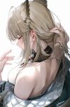  1girl adjusting_hair animal_ears arknights arknights:_endfield arm_behind_head back backless_dress backless_outfit bare_shoulders bird_ears bird_girl breasts brown_hair closed_eyes commentary dark_background dress film_grain fingernails from_above from_side grey_hair grey_jacket halterneck hand_in_own_hair hands_up highres holding_own_hair jacket long_hair medium_breasts nape off_shoulder perlica_(arknights) re0n shoulder_blades solo twitter_username upper_body white_background white_dress white_jacket 