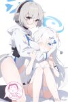  1boy 2girls blue_archive blue_eyes blue_halo blue_ribbon blush breasts cetacean_tail cleavage colored_eyelashes commentary covered_navel doodle_sensei_(blue_archive) fins fish_tail gradient_eyes hair_ornament halo highleg highleg_one-piece_swimsuit highres holster hooded_shrug kotone_(blue_archive) large_breasts long_hair millet_pepper multicolored_eyes multiple_girls one-piece_swimsuit one_eye_closed open_mouth orca_hair_ornament ribbon round_eyewear sayuri_(blue_archive) sensei_(blue_archive) short_hair shrug_(clothing) simple_background smile swimsuit tail taking_picture thigh_holster thigh_strap twitter_username untranslatable_commentary white_eyelashes white_one-piece_swimsuit white_shrug x_hair_ornament 