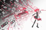  1girl ahoge apple asymmetrical_clothes asymmetrical_legwear baguette black_shirt black_skirt boots bow bread cd character_charm character_doll character_sticker charm_(object) closed_eyes colored_petticoat commentary detached_sleeves doll donut drill_hair electric_guitar finger_gun finger_gun_to_own_head fish flower food french_fries fruit gradient_background grey_jacket grey_skirt guitar hair_bow hair_ribbon highres instrument jacket kasane_teto kasane_teto_(halloween) kasane_teto_(sv) kasane_teto_(utau) katana keyboard_(instrument) lace-up_boots mismatched_legwear missile monochrome_background onigiri paper pearto pencil pennant petticoat red_eyes red_hair red_trim ribbon road_sign rose sandwich saxophone shirt sign single_detached_sleeve single_thigh_boot skirt split_shirt squid sticker sword synthesizer_v thigh_boots tomato traffic_light train trumpet twin_drills untranslatable_commentary utau watermelon watermelon_slice weapon white_bow white_ribbon yuu_(tangzeyuu) 