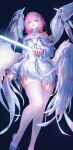  1girl bare_shoulders black_background breasts cleavage commentary_request cowboy_shot detached_sleeves dress feathered_wings from_below hair_intakes hair_ornament highres holding holding_sword holding_weapon large_breasts long_sleeves looking_at_viewer mechanical_wings medium_hair multicolored_wings multiple_wings open_mouth pink_eyes pink_hair remielle_dan simple_background smile solo sword thighhighs tori_niwa weapon white_dress white_thighhighs white_wings wings zenless_zone_zero 