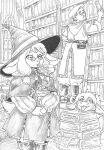 1boy 1girl 1other animal_ears belt belt_pouch beret book bookshelf boots capelet choppy_bangs commentary double-parted_bangs eating_non-food english_commentary english_text fantasy glasses goat_ears goat_girl goat_tail grimoire hat holding holding_book hood hood_down horizontal_pupils indoors library long_sleeves looking_at_another looking_back low_twintails monochrome on_ladder original own_hands_together paper pentacle pouch puffy_long_sleeves puffy_sleeves shabazik sketch skirt sleeves_rolled_up tail tongue tongue_out twintails witch witch_hat 