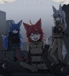  5girls :d ahoge animal_ears black_cloak black_gloves black_hair black_jacket black_pants black_shirt blue_eyes blue_hair boots breasts brown_cloak brown_jacket brown_pants brown_shirt bulletproof_vest cat_ears cat_tail cloak commission corpse crossed_arms death fang fox_ears fox_tail gloves head_tilt highres hood hooded_cloak indian_style jacket karepack load-bearing_vest long_hair looking_at_object looking_at_viewer medium_breasts multiple_girls open_mouth original outdoors pants pantyhose pouch red_hair scar scar_across_eye scar_on_face shirt sitting slit_pupils smile tail tongue tongue_out torn_clothes torn_pantyhose two-tone_shirt very_long_hair white_hair yellow_eyes 