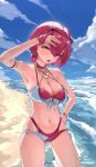  1girl absurdres arm_strap arm_up beach bikini blue_sky bracelet breasts choker cleavage cloud commentary criss-cross_halter day dot_nose double_bikini earrings gold_bracelet gold_necklace halterneck hand_on_own_hip heart heart_o-ring heterochromia highleg highleg_bikini highres hololive houshou_marine houshou_marine_(jellyfish_swimsuit) jewelry large_breasts looking_at_viewer navel necklace notced o-ring o-ring_bikini official_alternate_costume open_mouth outdoors pixel_sunglasses red_bikini red_choker red_eyes red_hair short_hair sky solo stomach sunglasses swimsuit virtual_youtuber white_bikini yellow_eyes 