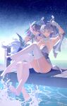  2girls :p absurdres animal_ears arm_fins arm_up armlet armpits artist_name blue_eyes blue_hair breasts chinese_commentary colored_tongue commentary_request crossed_bangs dated dorsiflexion dress duel_monster feet fins fish_girl floating_hair garter_straps gem gloves grey_dress grey_eyes grey_hair hair_between_eyes halterneck hand_on_another's_head head_fins highres holding_another's_foot jewelry kitkallos_(yu-gi-oh!) large_breasts light_blush long_hair looking_at_viewer lovely_labrynth_of_the_silver_castle multiple_girls night no_shoes ocean open_mouth outdoors pantyhose pearl pier pointy_ears purple_tongue rare_lemon shooting_star sitting soles splashing star_(sky) strapless strapless_dress tearlaments_kitkallos thighhighs tiara toes tongue tongue_out v very_long_hair water water_drop wet white_gloves white_pantyhose white_thighhighs yu-gi-oh! yuri 