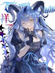  1girl ai-generated animal_ears arknights ave_mujica_(bang_dream!) bang_dream! bang_dream!_it's_mygo!!!!! black_dress black_gloves black_horns black_ribbon blue_hair breasts closed_mouth curled_horns detached_collar dress gloves hair_ribbon highres horns long_hair looking_at_viewer ribbon sidelocks simple_background solo toga togawa_sakiko togawa_sakiko_(master_of_melodia) two_side_up user_myke4882 white_background wrist_cuffs yellow_eyes 