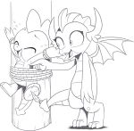  2022 3_toes 4_fingers dragon duo feathers feet female fingers friendship_is_magic greyscale hasbro hi_res laugh male mohawk monochrome my_little_pony nauyaco open_mouth open_smile rope scalie simple_background smile smolder_(mlp) solo spike_(mlp) tickling tickling_armpits toes western_dragon white_background wings 
