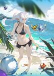  1boy 2girls artist_name ball barefoot beach beachball bikini bikini_skirt black_bikini breasts bug butterfly closed_mouth collarbone commentary crab day earrings elf fern_(sousou_no_frieren) fisheye frieren full_body hand_on_own_hip heart heart_o-ring highres holding holding_trowel horizon jewelry long_hair looking_to_the_side medium_breasts multiple_girls navel o-ring o-ring_bikini ocean outdoors palm_tree parted_bangs pointy_ears sand seashell shell shirt shore sky solo_focus sousou_no_frieren splashing standing starfish stark_(sousou_no_frieren) swimsuit teardrop_earrings tree trowel twintails water white_shirt xleontan 