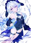  1_es78 1girl alternate_costume ascot black_leotard blue_ascot blue_eyes blue_hair blue_hairband blue_leotard blue_sleeves blue_streaks breasts center_frills coattails colored_inner_hair commentary covered_navel detached_sleeves eyelash_ornament frilled_leotard frills furina_(genshin_impact) genshin_impact hairband highres holding holding_weapon hydrokinesis leotard long_hair looking_at_viewer multicolored_hair parted_lips shirt small_breasts solo splendor_of_tranquil_waters_(genshin_impact) streaked_hair tailcoat thigh_strap untranslatable_commentary water wavy_hair weapon white_hair white_shirt 