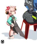  2girls absurdres ahoge anger_vein animal_ear_fluff animal_ear_piercing animal_ears ass blush braid braided_twintails bright_pupils bunkopop chair closed_mouth commentary english_commentary full_body furry furry_female hair_ornament hands_on_own_hips highres long_hair looking_at_another lossy-lossless meme meme_request multiple_girls on_chair pink_fur pink_hair rabbit_ears rabbit_girl red_eyes reference_inset screw shadow shirt simple_background sitting sphere_hair_ornament standing third-party_edit tos_compliance_edit twin_braids white_background white_pupils zenless_zone_zero zhao_(zenless_zone_zero) zhu_yuan 