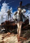  1boy 1girl amputee anti-materiel_rifle armless_amputee barefoot barrett_m82 black_bodysuit blood blood_on_feet blue_hair blue_sky bodysuit cloak cloud cloudy_sky commentary_request cyborg fixro2n full_body gun hand_in_pocket highres holding holding_gun holding_weapon jacket legless_amputee long_hair mechanical_arms mechanical_hands mechanical_legs military_vehicle motor_vehicle official_art on_tank quadruple_amputee red_eyes rifle second-party_source skin_seams sky sniper_rifle tank tank_turret tetsusabi_no_jouou_kihei weapon white_cloak white_jacket 