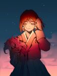  1girl absurdres alien_stage bouquet chinese_commentary cloud commentary_request earrings eyelashes fingernails hanbok hand_in_own_hair highres holding holding_bouquet jewelry korean_clothes long_sleeves looking_at_viewer outdoors purple_eyes sanchun_mo short_hair sky solo star_(sky) sua_(alien_stage) sunlight sunset 