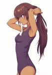  1girl adjusting_hair black_one-piece_swimsuit breasts brown_eyes brown_hair collarbone dark-skinned_female dark_skin fate/strange_fake fate_(series) from_side highres long_hair mouth_hold one-piece_swimsuit profile simple_background solo swimsuit tine_chelc tj_rkgk white_background 