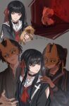  1boy 2girls absurdres black_choker black_hair black_jacket black_sailor_collar black_shirt chisa_(wuthering_waves) choker closed_mouth cosplay dated dual_persona female_rover_(wuthering_waves) fox_mask glowing glowing_eyes hair_ribbon hand_on_another's_shoulder highres jacket long_hair looking_at_another male_rover_(wuthering_waves) mask multiple_girls multiple_views namipon_(wuthering_waves) neckerchief red_eyes red_neckerchief red_ribbon ribbon rover_(wuthering_waves) sailor_collar shimizu_hinako shimizu_hinako_(cosplay) shirt silent_hill_(series) silent_hill_f smirk tacet_mark_(wuthering_waves) tsuneki_kotoyuki tsuneki_kotoyuki_(cosplay) variant_set white_sailor_collar wuji_dun_guiyuan wuthering_waves yellow_eyes yellow_ribbon 